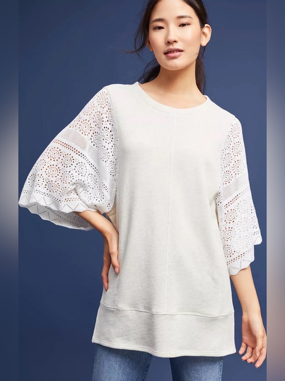 Anthropologie Akemi + Kin Coro Knit Crochet Sleeve Pullover Size Large